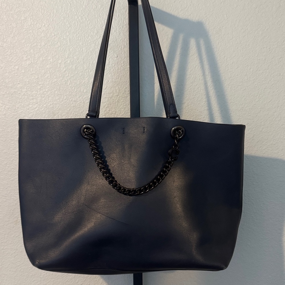 Chic Coach Navy Blue Tote with Chain Detail